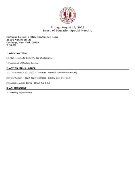 Carthage Central School District BOE Special Meeting Agenda (Tax ...