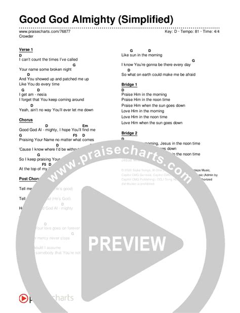 Good God Almighty (Simplified) Chords PDF (Crowder) - PraiseCharts