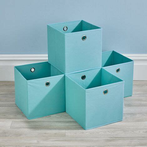 Folding Aqua Blue Square Storage Utility Box 4 Piece Fabric Cube Set Basket Bag