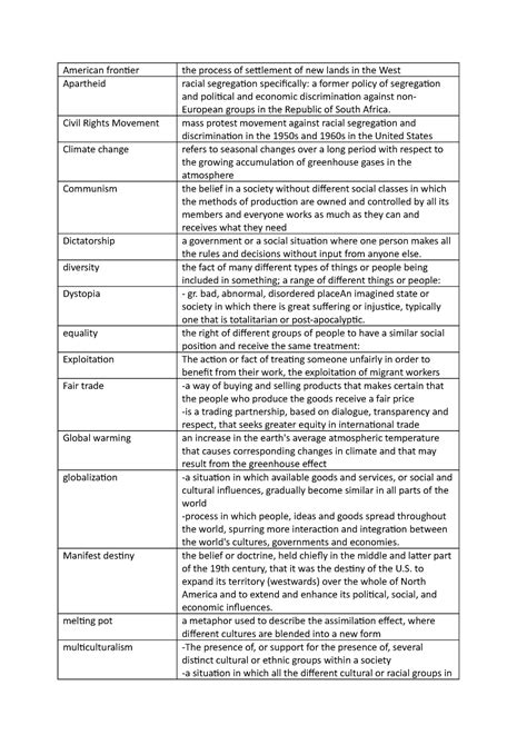 English abitur vocabulary definition list NIS - American frontier the ...