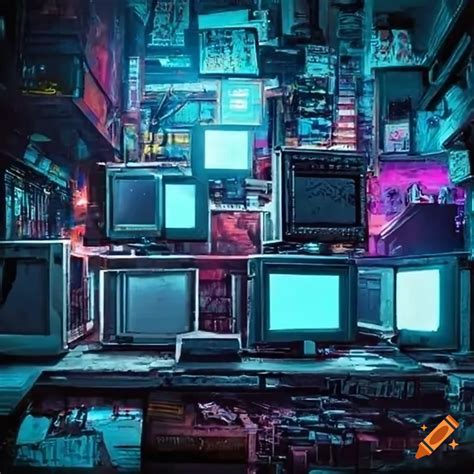 Cyberpunk messy basement with broken computers on Craiyon