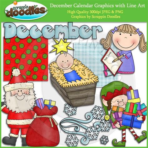 December Calendar Clip Art with Line Art Download