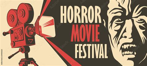 Vector banner for a festival horror movie. Illustration with old film projector and face of a ...