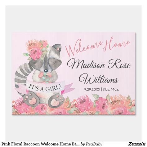 Pink Floral Raccoon Welcome Home Baby Girl Yard Sign | Zazzle.com ...