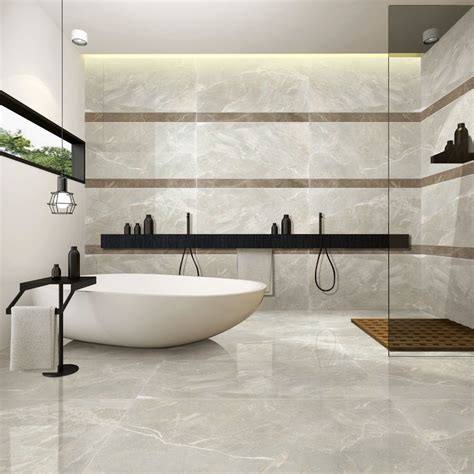Light Grey Stone Look Bathroom Tiles , Porcelain Tile Flooring Anti Slip