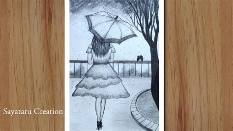 How to draw a girl with umbrella in rain step by step, Pencil drawing for beginners - YouTube