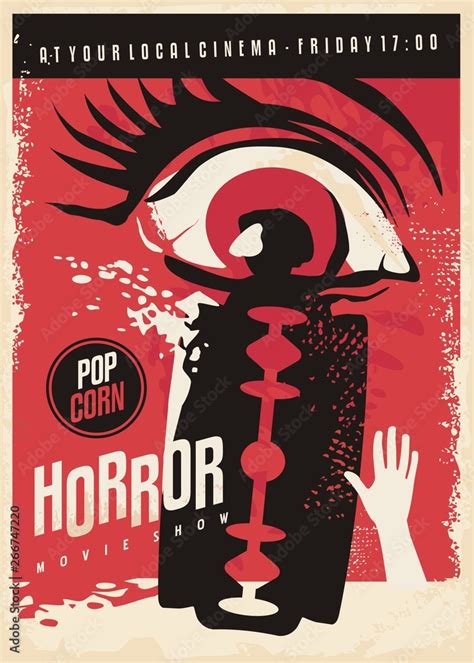 Vetor de Horror movie poster design with scary eye and bloody razor blade. Retro poster vector ...