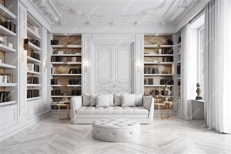 Premium AI Image | White room with white sofa and bookshelves