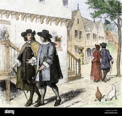 Colonists in a Puritan town in New England in the late 1600s Stock ...