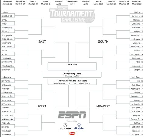 March Madness 2019: Get Your Printable Ncaa Bracket From Espn - Free ...