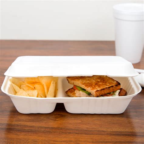 EcoChoice 9" x 6" x 3" Biodegradable, Compostable Sugarcane / Bagasse 2 Compartment Takeout ...