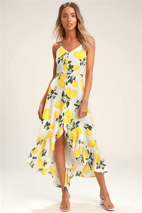 Afternoon Air Yellow Lemon Print High-Low Midi Dress | Lemon print ...