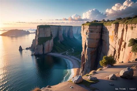 Premium AI Image | A painting of a cliff with the ocean in the background.