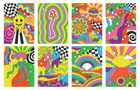 Premium Vector | Hippie style, groovy vibes retro psychedelic art posters. Abstract rainbow, sun ...