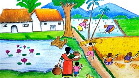 rural life scenery drawing easy |village lifestyle scenery drawing easy | village people drawing ...