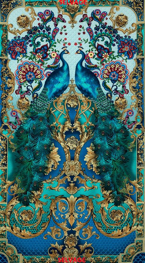 Turquoise color Peacock print fabric from Timeless Treasures | Etsy