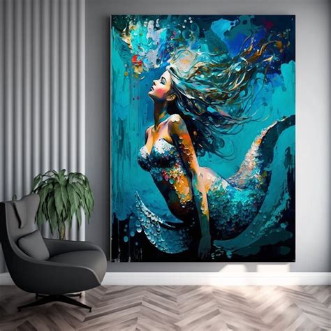 Mermaid in Water, Fishes and Mermaid Canvas Wall Art, Mermaid Canvas ...