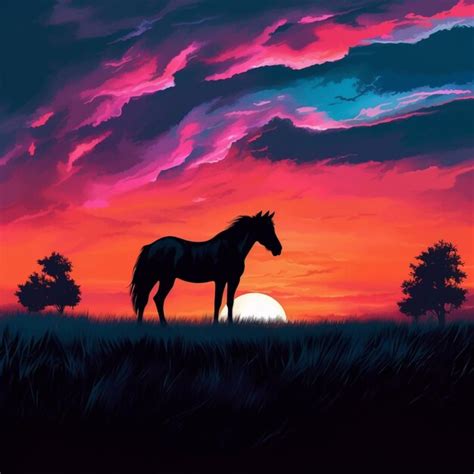 Premium AI Image | A painting of a horse in a field with a sunset in the background.