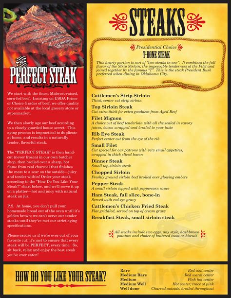 Cattlemen's Steakhouse menu in Oklahoma City, Oklahoma, USA