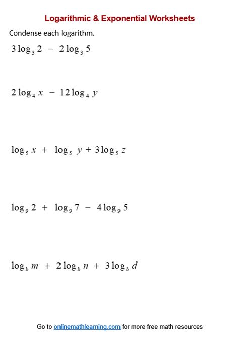 Condense Logarithms Worksheets (printable, online, answers, examples)