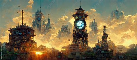 fantasy architecture. ancient clock tower. steampunk city. atompunk. Concept Art Scenery. Book ...