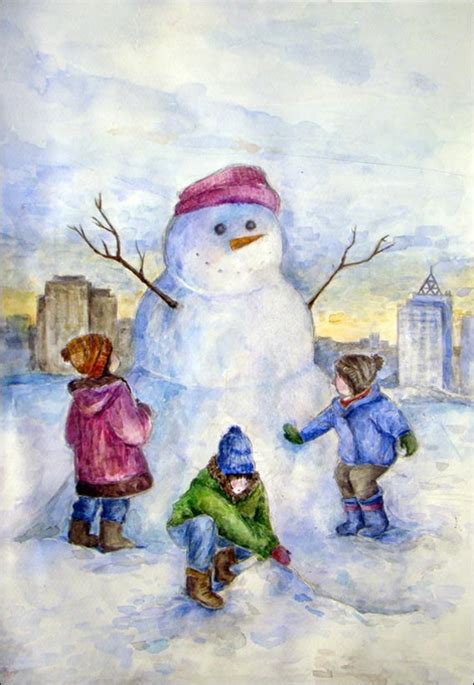 Snowman Original Watercolor Painting for Nursery by DaryArt