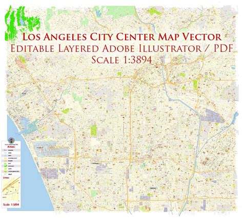 Los Angeles City Center California US Map Vector Exact City Plan High ...