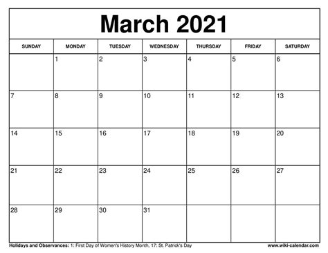 Free Printable March 2021 Calendar With Holidays Pdf - Goimages Mega