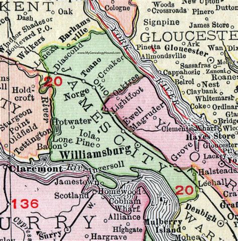 James City County, Virginia, Map, 1911, Rand McNally, Williamsburg, Toano, Jamestown, Halsteads ...