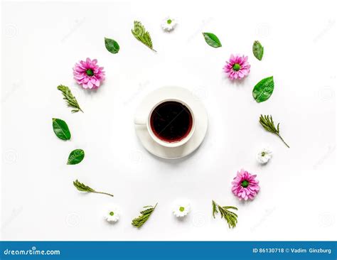 Froral Flat Lay with Cup of Coffee Top View Mockup Stock Photo - Image ...