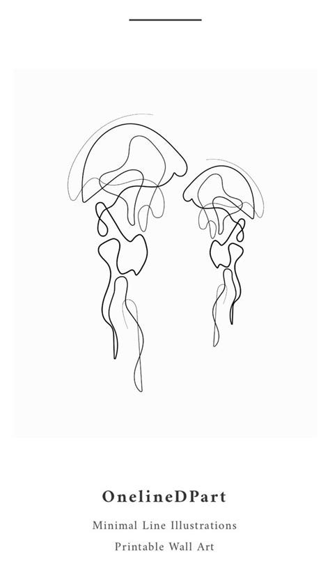 one line drawing of two jellyfishs with the words, one line art minimal ...
