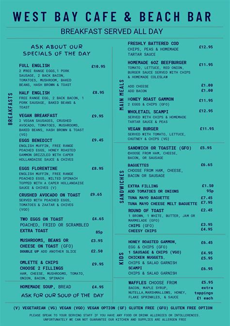 Menus | West Bay Café | Seaside Beach Cafe Westgate-on-Sea Kent