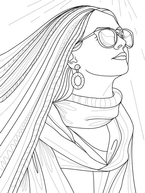 young girl with long hair wearing glasses and scarf in doodle style, fashionable princess ...