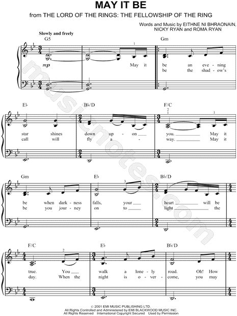 Enya "May It Be" Sheet Music (Easy Piano) in Bb Major - Download & Print - SKU: MN0063578