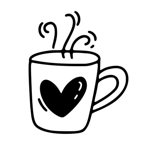 Vector monoline cute cup of coffee with heart. Valentines Day Hand Drawn icon. Holiday sketch ...