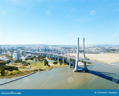 Aerial View of Vasco Da Gama Bridge and High Car Traffic in Lisbon City Stock Image - Image of ...