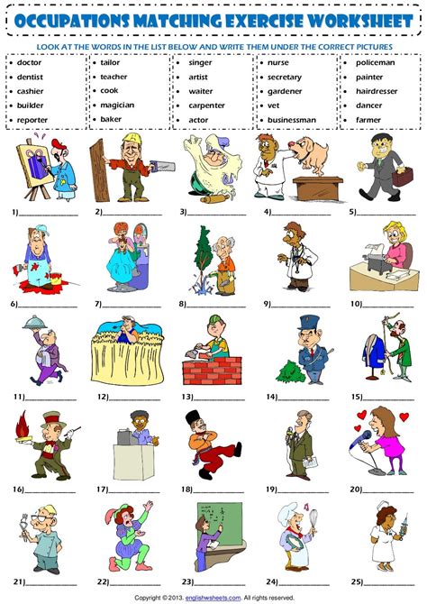 Jobs occupations professions vocabulary matching exercise worksheet