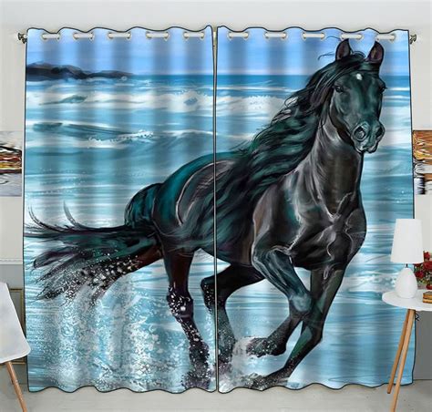 GCKG Black Horse Running On The Beach Window Curtain Kitchen Curtain Size 52(W) x 84 inches (Two ...