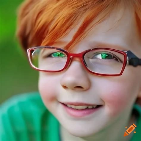 Portrait of a smiling boy with green eyes and red hair in a green garden on Craiyon