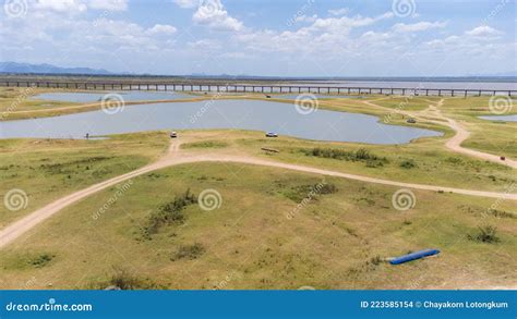 Aerial Unseen View of Railroad Tracks of Floating Train Bridge with ...