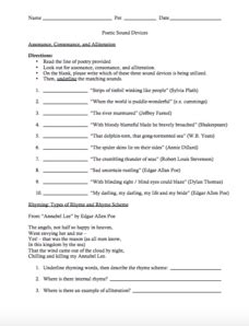 Poetic Sound Devices Worksheet for 9th - 12th Grade | Lesson Planet