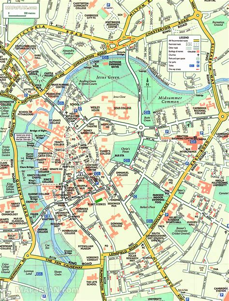 Cambridge map - Cambridge (England, UK) town centre major historical ...