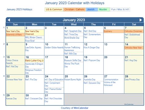 Print Friendly January 2023 US Calendar for printing