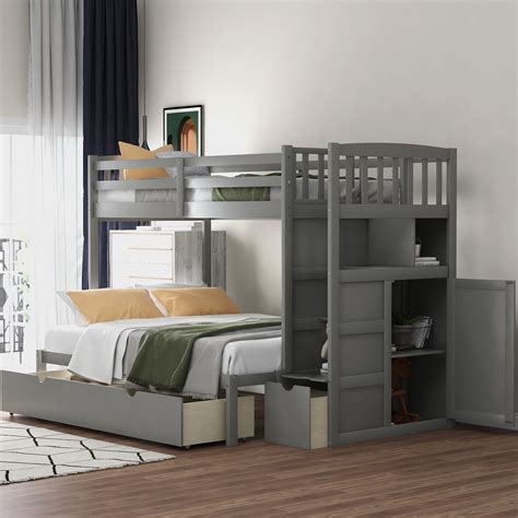 Euroco Twin over Twin/Full Bunk Bed, Convertible Down Bed, with Storage Drawer and Cabinet, Kids ...