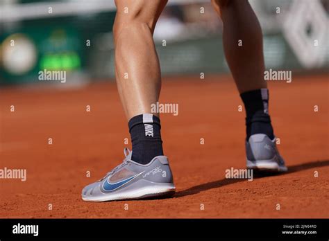 Professional tennis player Carlos Alcaraz of Spain wears Nike tennis shoes during his quarter ...