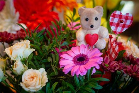 Flower Bouquet Decoration with Teddy Bear Stock Photo - Image of green ...