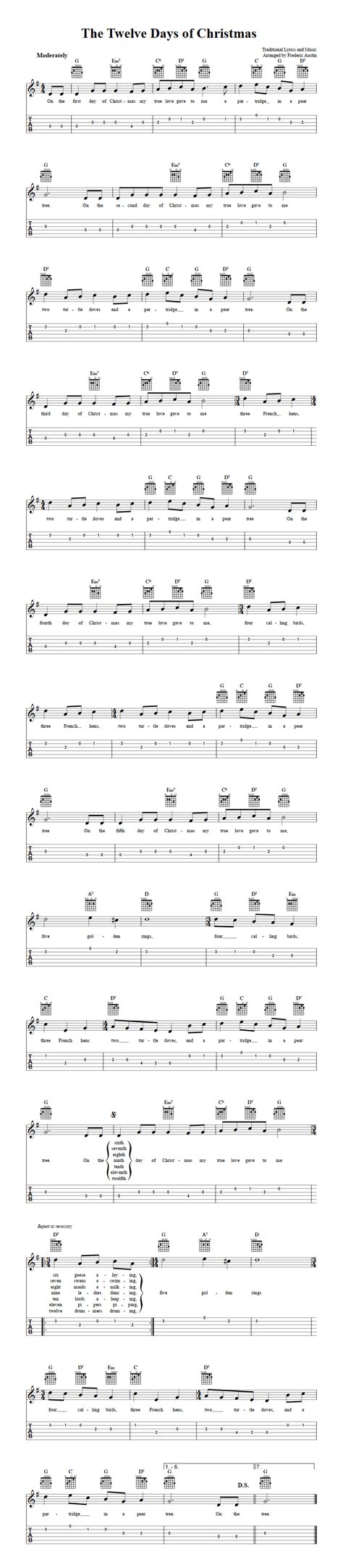 The Twelve Days of Christmas - Easy Guitar Sheet Music and Tab with Chords and Lyrics