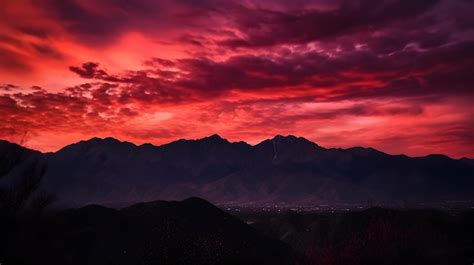 Premium AI Image | A sunset over the mountains with a red sky and clouds