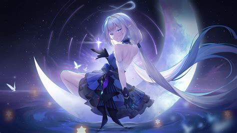 Beautiful Anime Girl Sitting On The Moon Live Wallpaper - WallpaperWaifu