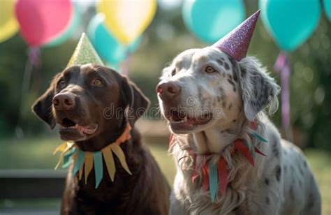 Two Dogs Outdoor Wearing Birthday Hats. Generate Ai Stock Illustration ...